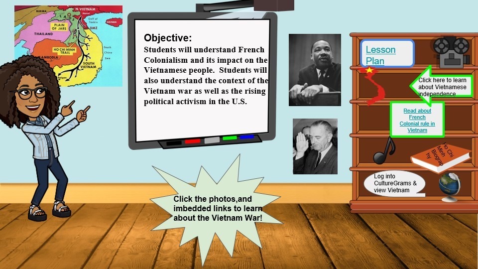 Screenshot of the virtual Google Classroom I created, which was centered on my first lesson plan on the Vietnam War and features 10 resource links for students to utilize in their studies.