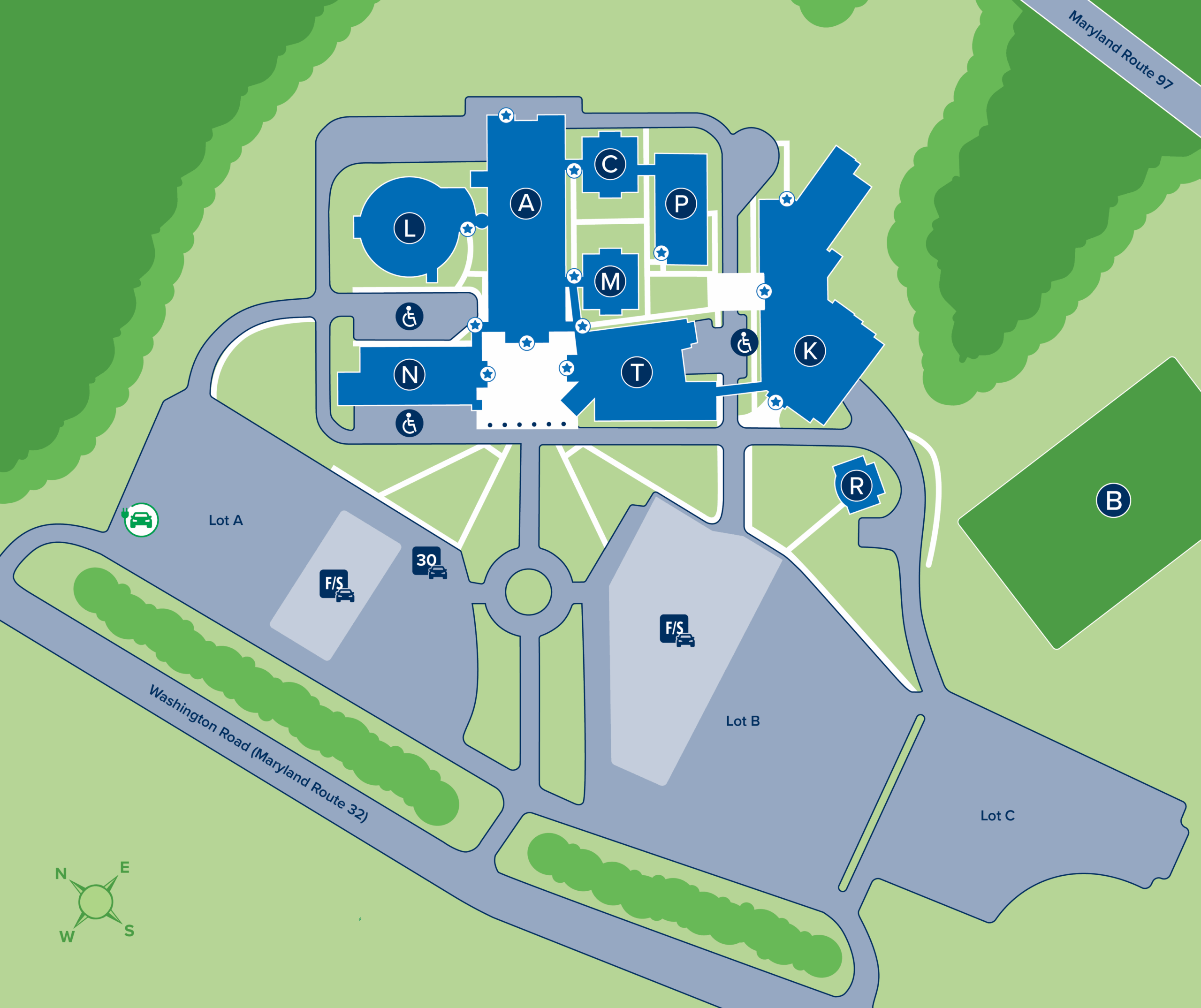 Campus map with lettered key
