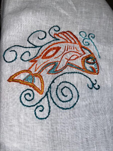 Salmon of Knowledge embroidery Siobhan Wright Carroll Community College